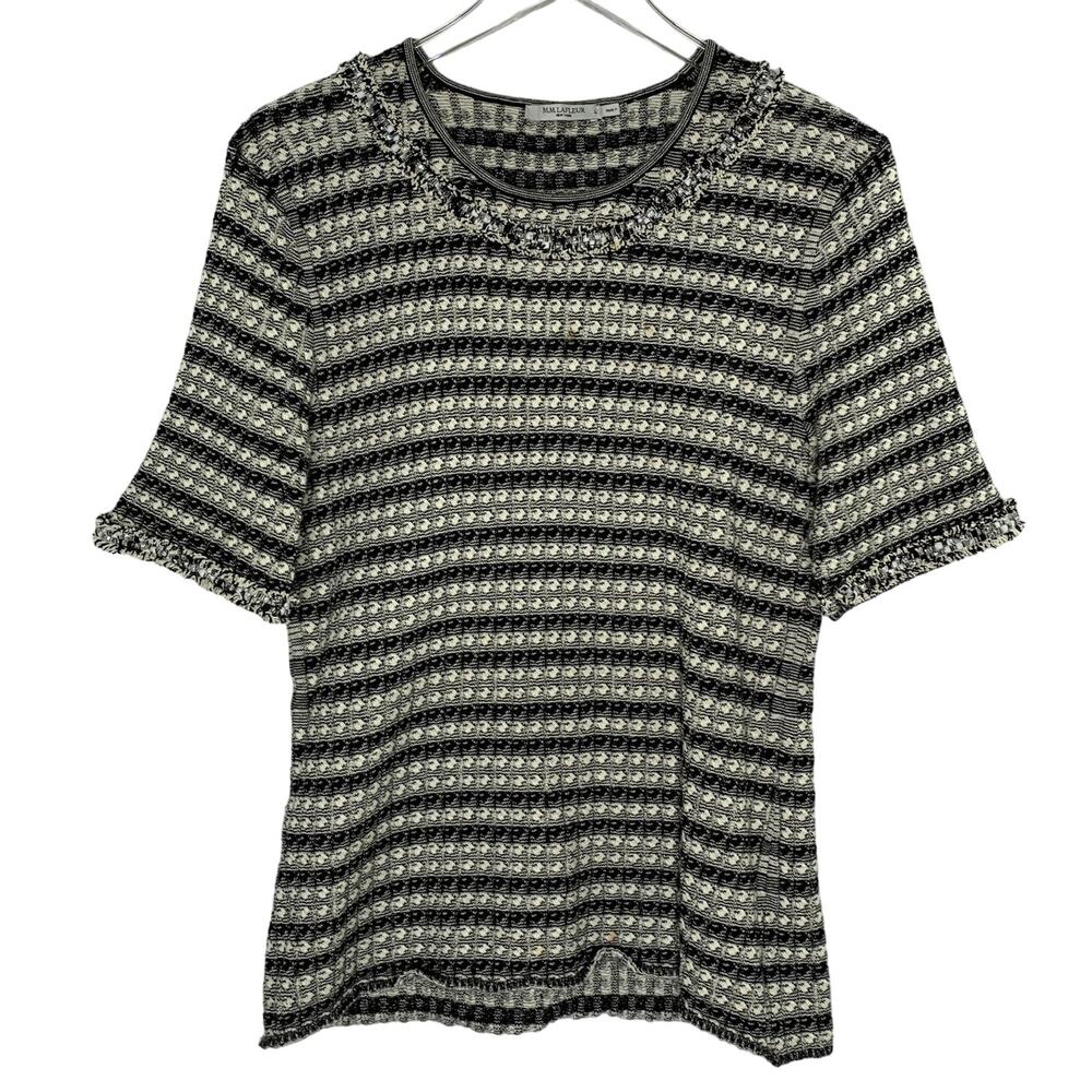 M.M. Lafleur L Womens Boucle Short Sleeve Top Fringe Collar Black White *flaw